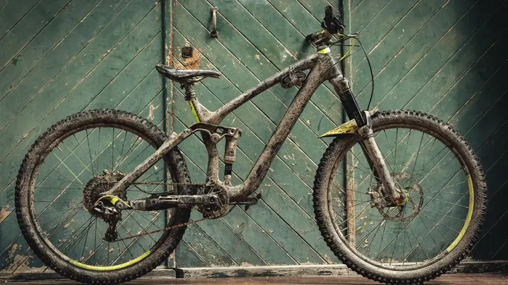 Zabłocony rower enduro z pełnym zawieszeniem oparty o drewniane drzwi