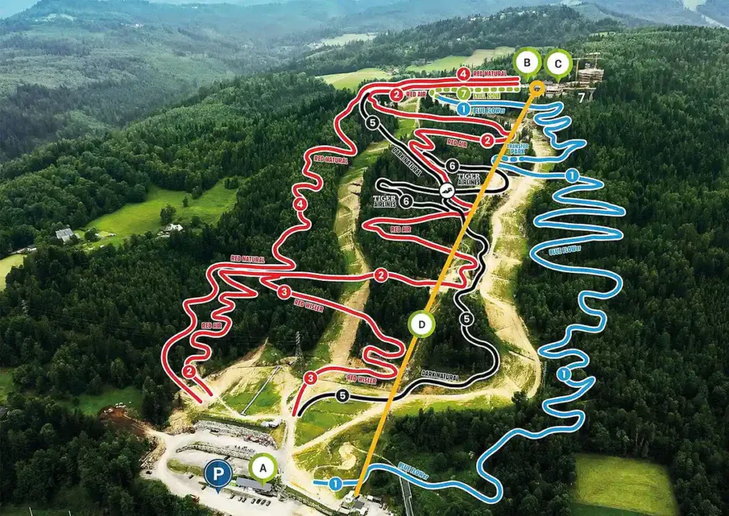 Skolnity Bike Park: mapa tras rowerowych i kolei krzesełkowej na stoku w Wiśle